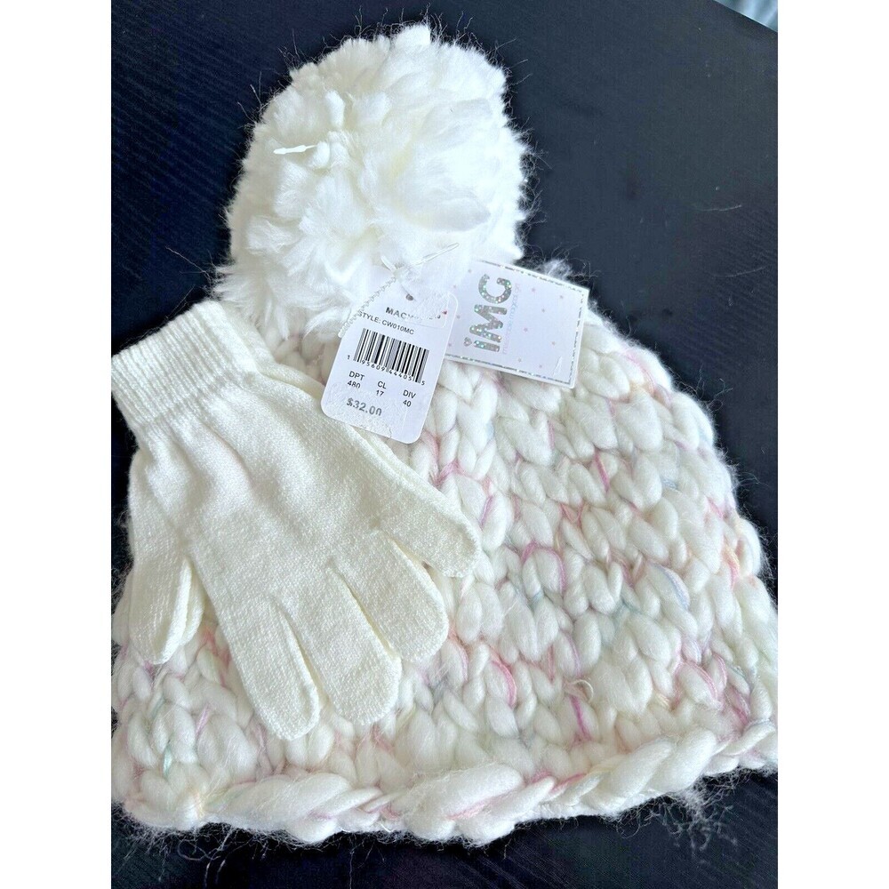 IMG Girls Beanie Knit Beanie and Gloves 2 Piece Set White & Pink One Size